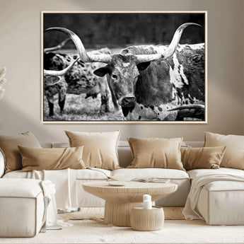 15425553-MGV-CV-36X24-Western Wall Art – Longhorn Cattle Black and White Canvas Print, Rustic Ranch Photography Decor for Bedroom, Living Room, Office,