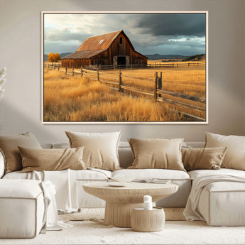 16480179-MGV-CV-36X24-Farmhouse Wall Art – Rustic Barn and Golden Field Canvas Print, Country Landscape Photography Decor for Bedroom, Living Room,