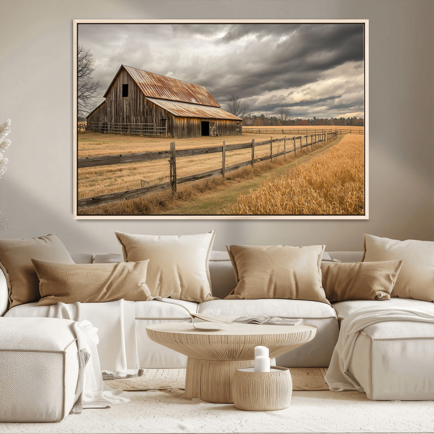 21991117-MGV-CV-36X24-Rustic Barn Wall Art – Weathered Farmhouse Canvas Print, Stormy Sky and Golden Field Photography Decor for Bedroom, Living Room,