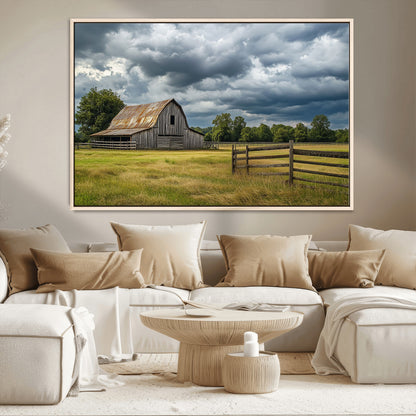 39409517-MGV-CV-36X24-Rustic Barn Wall Art – Weathered Farmhouse and Storm Clouds Canvas Print, Country Landscape Photography Decor for Bedroom, Living