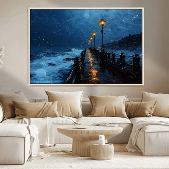 48300530-MGV-CV-36X24-Dark Stormy Pier Canvas Wall Art – Moody Ocean Night Scene with Street Lamps, Blue Coastal Seascape Print for Bedroom, Office, or