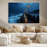 48300530-MGV-CV-36X24-Night Pier Wall Art – Moody Ocean Boardwalk Canvas Print, Impressionist Coastal Seascape Painting Decor for Living Room, Office,
