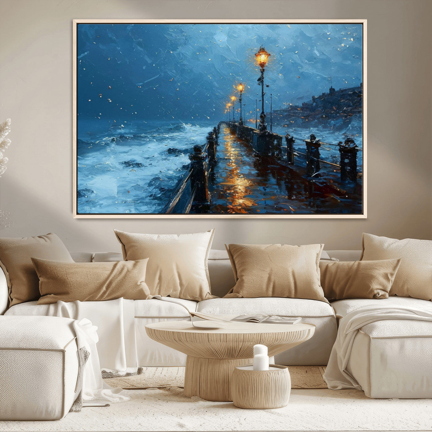 93793246-MGV-CV-36X24-Stormy Night Pier Canvas Wall Art – Moody Ocean Landscape with Lights, Blue Coastal Seascape Print for Bedroom, Living Room,