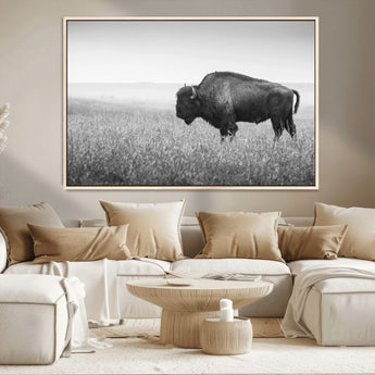 90861202-MGV-CV-36X24-Black and White Bison Canvas Wall Art – Rustic American Buffalo Print, Western Wildlife Photography for Farmhouse, Cabin, Office