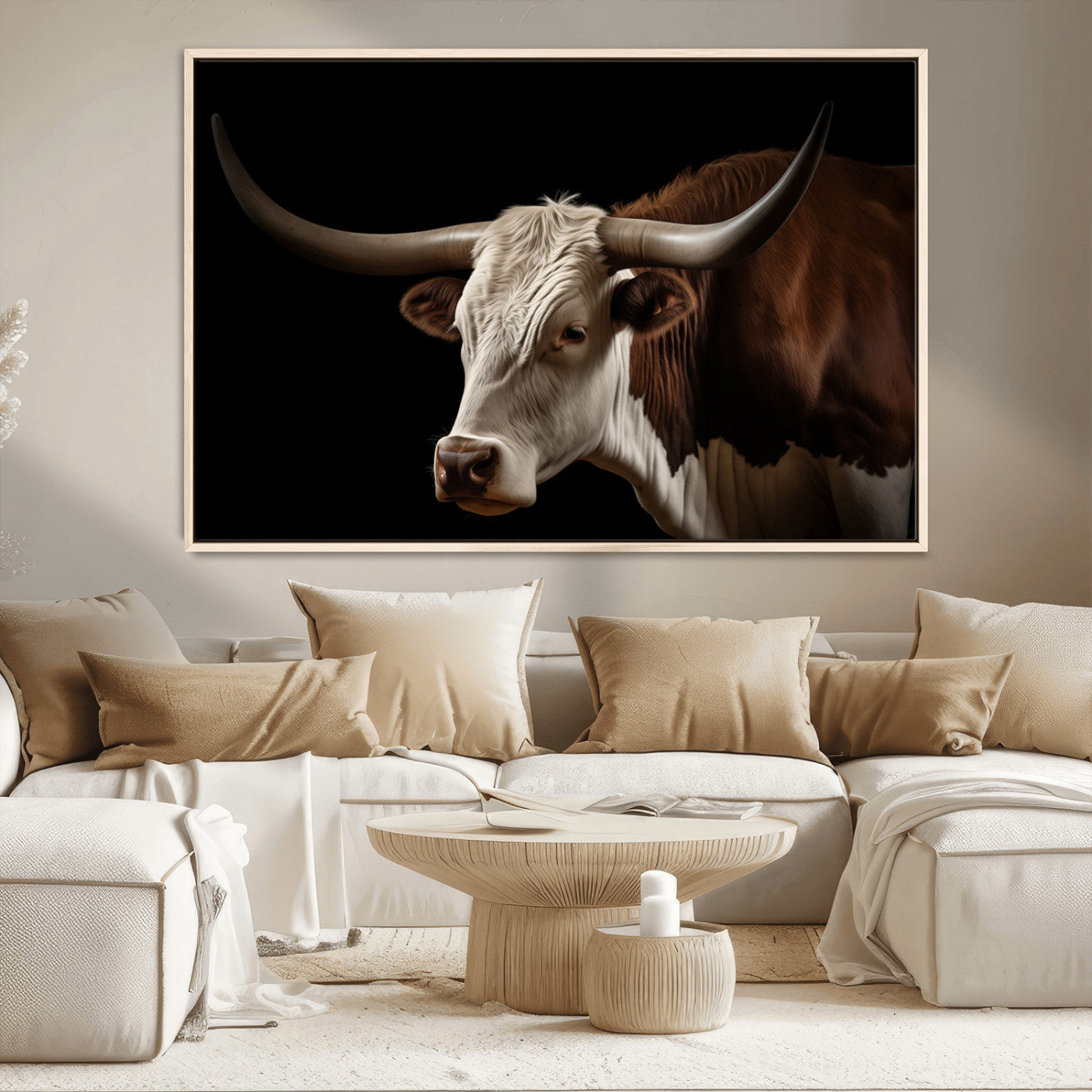 27414857-MGV-CV-36X24-Longhorn Bull Wall Art – Dramatic Western Steer Portrait Canvas Print, Rustic Farmhouse Animal Decor for Living Room, Office, or