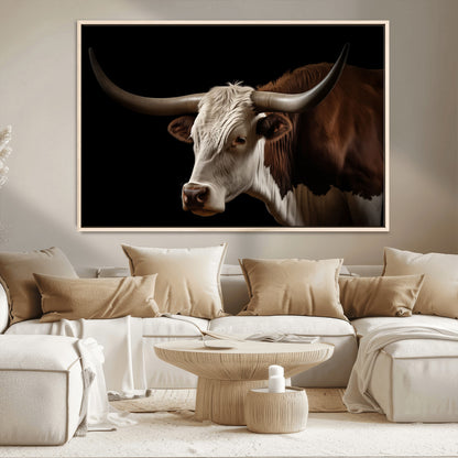 27414857-MGV-CV-36X24-Longhorn Bull Wall Art – Dramatic Western Steer Portrait Canvas Print, Rustic Farmhouse Animal Decor for Living Room, Office, or