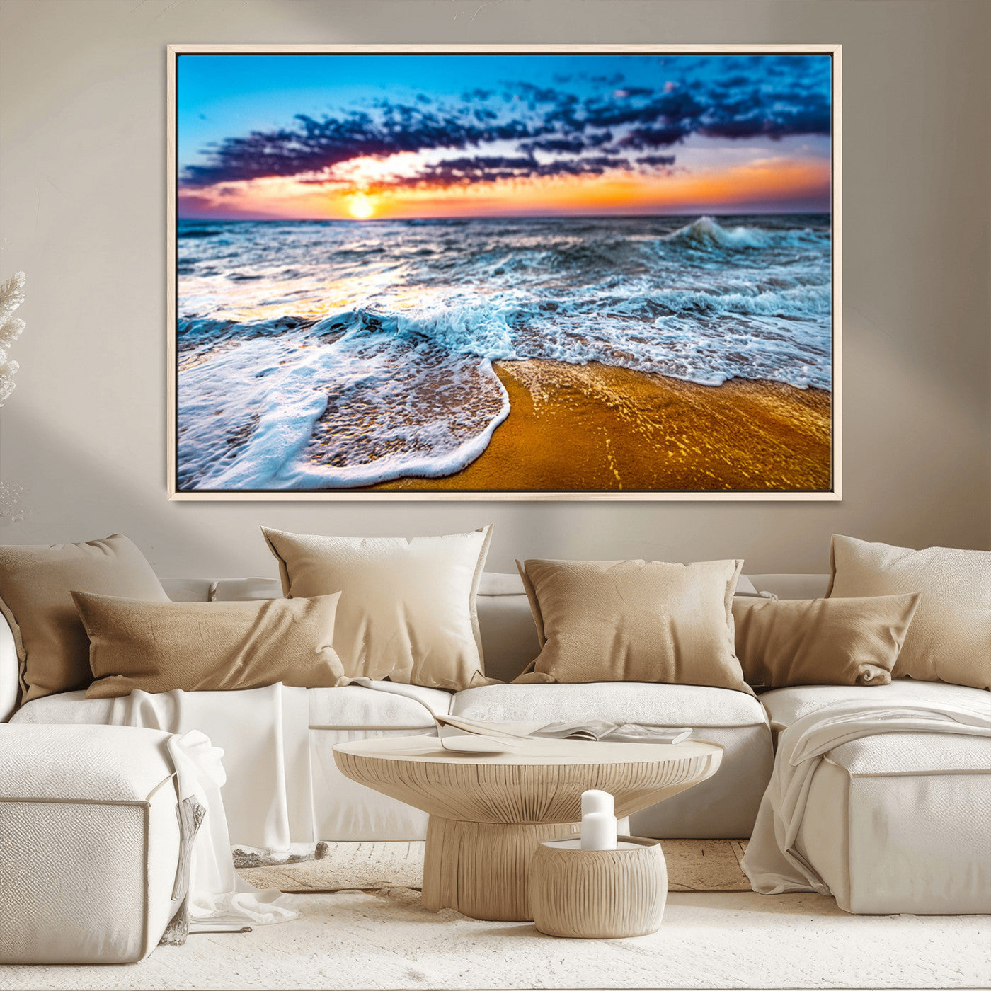 24077769-MGV-CV-36X24-Sunset Beach Wall Art – Ocean Waves Canvas Print, Golden Shoreline Photography Coastal Decor for Living Room, Bedroom, Office,