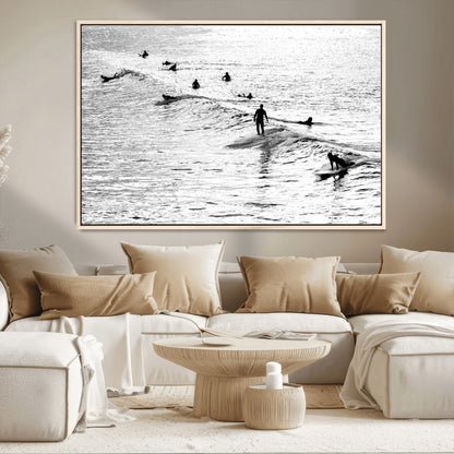 68018616-MGV-CV-36X24-Black and White Surf Photography Print – Minimalist Ocean Wall Art, Surfers Riding Waves, Coastal Beach Decor for Modern Home or