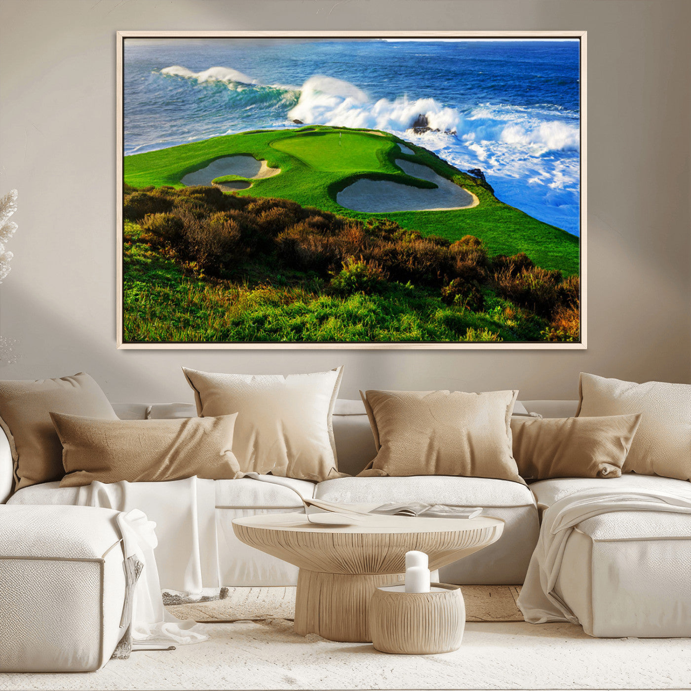 34181847-MGV-CV-36X24-Coastal Golf Course Wall Art – Panoramic Ocean Fairway Canvas Print, Scenic Sports Photography Decor for Office, Man Cave, Living