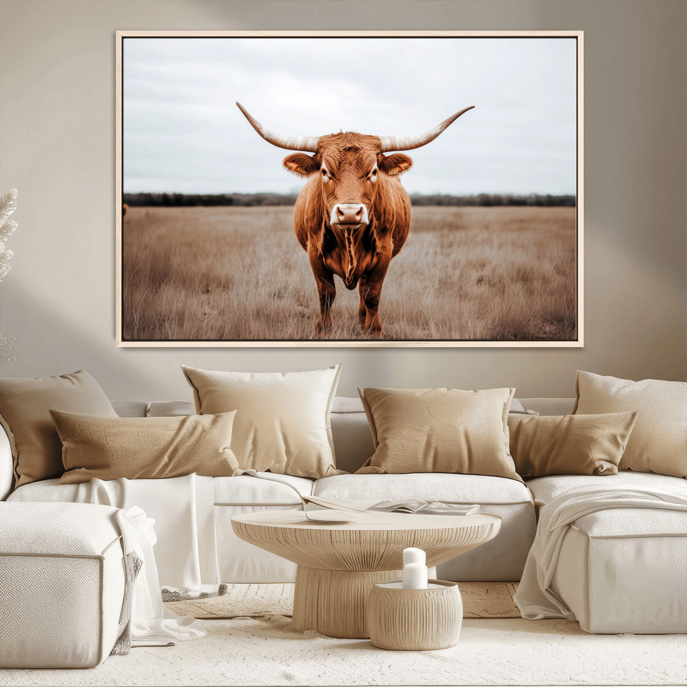 16316734-MGV-CV-36X24-Texas Longhorn Wall Art – Rustic Bull Portrait Canvas Print, Western Farmhouse Animal Photography Decor for Living Room, Office,