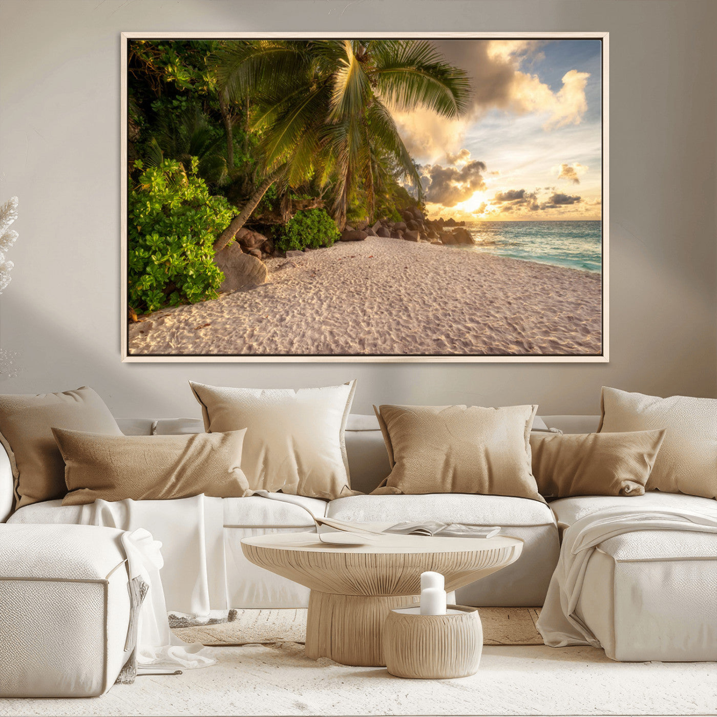 89531159-MGV-CV-36X24-Tropical Beach Sunset Canvas Wall Art – Palm Trees Golden Sand Ocean Waves Coastal Paradise Print for Beach House Bedroom Bathroom
