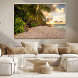 89531159-MGV-CV-36X24-Tropical Beach Sunset Canvas Wall Art – Palm Trees Golden Sand Ocean Waves Coastal Paradise Print for Beach House Bedroom Bathroom