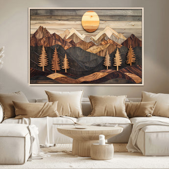 90044381-MGV-CV-36X24-Rustic Wall Art – Wooden Mountain Landscape with Sun and Pine Trees, Handcrafted Nature Canvas Style Decor for Bedroom, Living