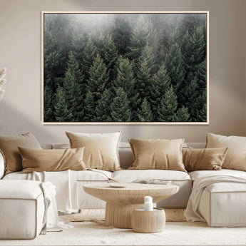 84059409-MGV-CV-36X24-Forest Wall Art – Misty Evergreen Trees Canvas Print, Tranquil Nature Photography Decor for Bedroom, Living Room, Office, Cabin or