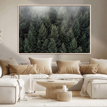 84059409-MGV-CV-36X24-Forest Wall Art – Misty Evergreen Trees Canvas Print, Tranquil Nature Photography Decor for Bedroom, Living Room, Office, Cabin or