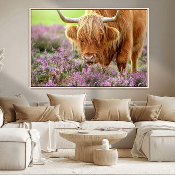 64069351-MGV-CV-36X24-Farmhouse Wall Art – Highland Cow in Wildflowers Canvas Print, Rustic Country Cattle Photography Decor for Bedroom, Living Room,