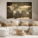 13394308-MGV-CV-36X24-Personalized World Map Wall Art – Dark Rustic Vintage Adventure Travel Map with Custom Couple Names, Timeless Wall Decor for Home