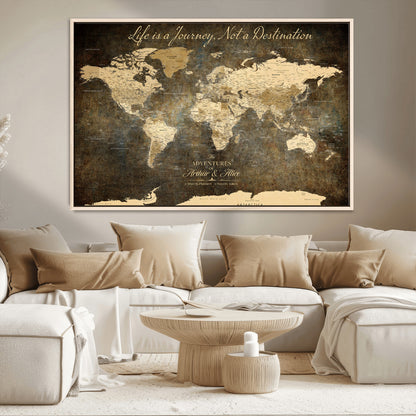 13394308-MGV-CV-36X24-Personalized World Map Wall Art – Dark Rustic Vintage Adventure Travel Map with Custom Couple Names, Timeless Wall Decor for Home