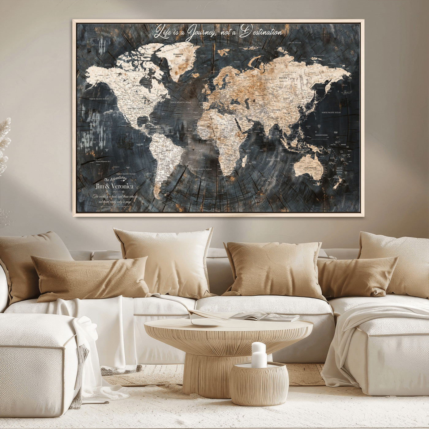 55548943-MGV-CV-36X24-Personalized World Map Wall Art – Rustic Wood Texture Adventure Travel Map with Custom Couple Names, Vintage Dark Wall Decor for