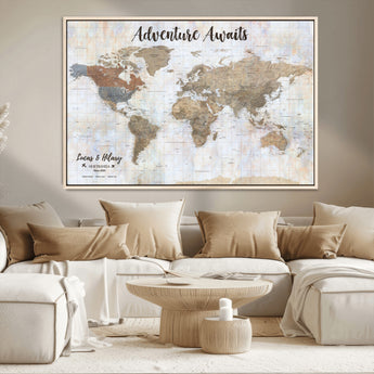30792405-MGV-CV-36X24-Personalized World Map Wall Art – Rustic Beige Adventure Travel Map with Custom Couple Names, Vintage Wall Decor for Home or