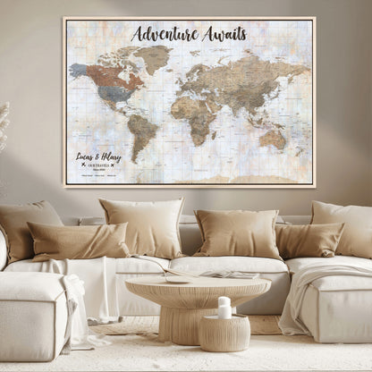 30792405-MGV-CV-36X24-Personalized World Map Wall Art – Rustic Beige Adventure Travel Map with Custom Couple Names, Vintage Wall Decor for Home or