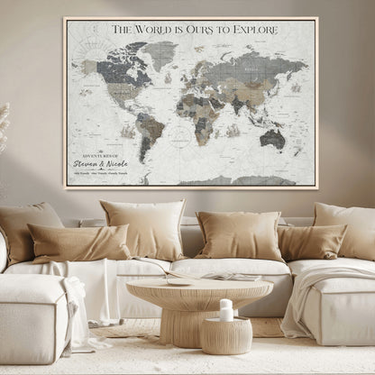 97082026-MGV-CV-36X24-Personalized World Map Wall Art – Vintage Gray Adventure Travel Map with Custom Couple or Family Names, Rustic Wall Decor for Home