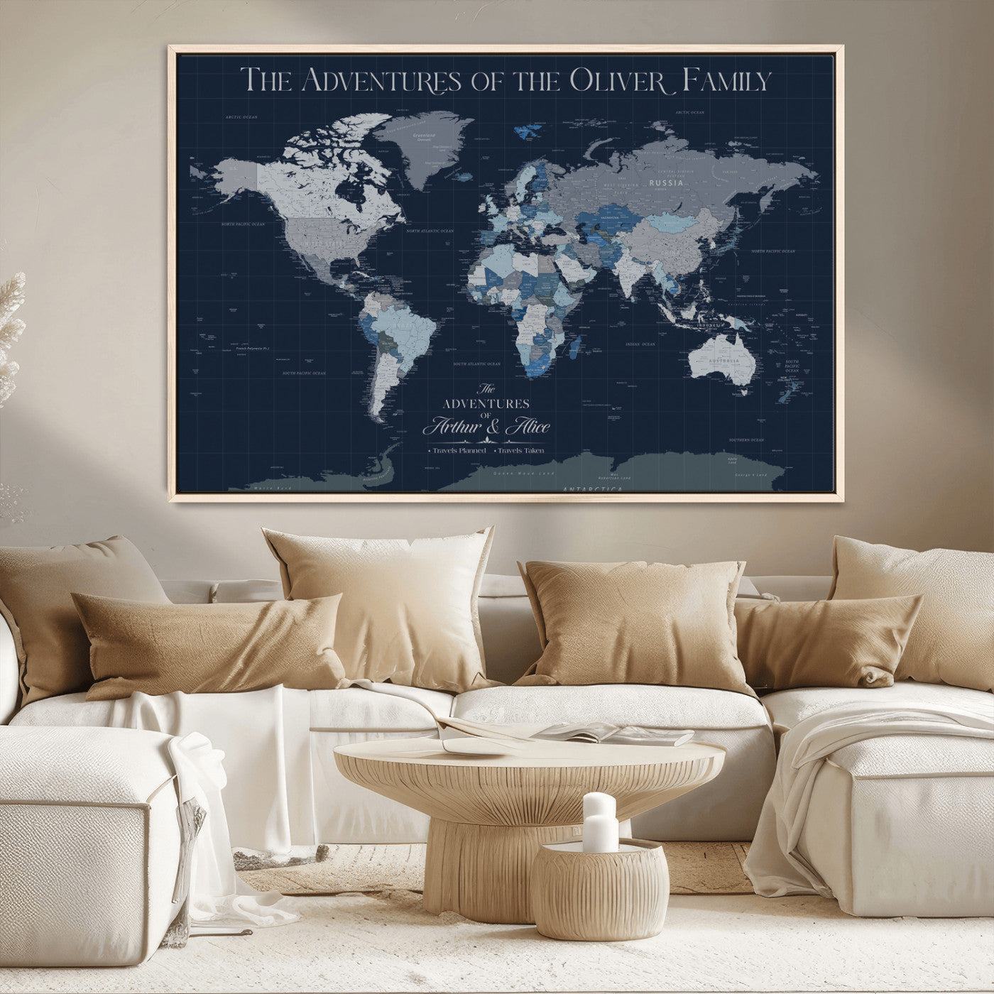 76726424-MGV-CV-36X24-Personalized World Map Wall Art – Navy Blue & Grey Adventure Travel Map with Custom Family or Couple Names, Modern Wall Decor for