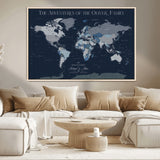76726424-MGV-CV-36X24-Personalized World Map Wall Art – Navy Blue & Grey Adventure Travel Map with Custom Family or Couple Names, Modern Wall Decor for