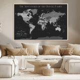 46064114-MGV-CV-36X24-Personalized World Map Wall Art – Black & Grey Adventure Travel Map with Custom Family or Couple Names, Modern Wall Decor for Home