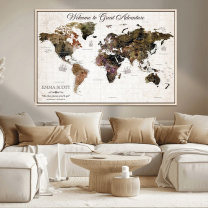 33631532-MGV-CV-36X24-Personalized World Map Wall Art – Dark Vintage Adventure Travel Map with Custom Names, Rustic Wall Decor for Couples, Home or