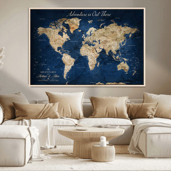 71052542-MGV-CV-36X24-Personalized World Map Wall Art – Rustic Navy Blue Adventure Travel Map with Custom Couple Names, Vintage Wall Decor for Home or