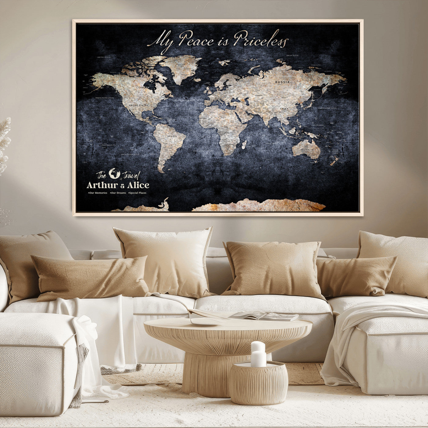 85403043-MGV-CV-36X24-Personalized World Map Wall Art – Dark Blue Rustic Adventure Map with Custom Couple Names, Vintage Wall Decor for Home or Travel