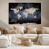 85403043-MGV-CV-36X24-Personalized World Map Wall Art – Dark Blue Rustic Adventure Map with Custom Couple Names, Vintage Wall Decor for Home or Travel