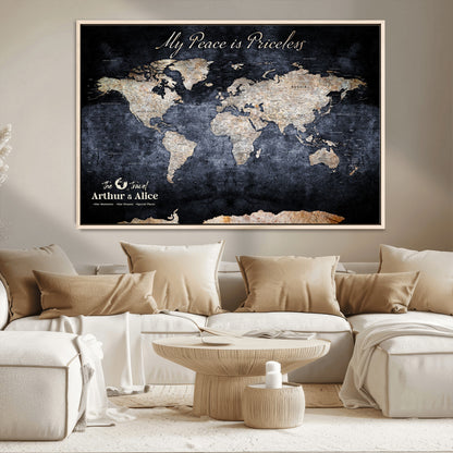 85403043-MGV-CV-36X24-Personalized World Map Wall Art – Dark Blue Rustic Adventure Map with Custom Couple Names, Vintage Wall Decor for Home or Travel