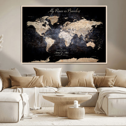 51488142-MGV-CV-36X24-Personalized World Map Wall Art – Dark Rustic Adventure Travel Map with Custom Names, Vintage Wall Decor for Couples, Families or