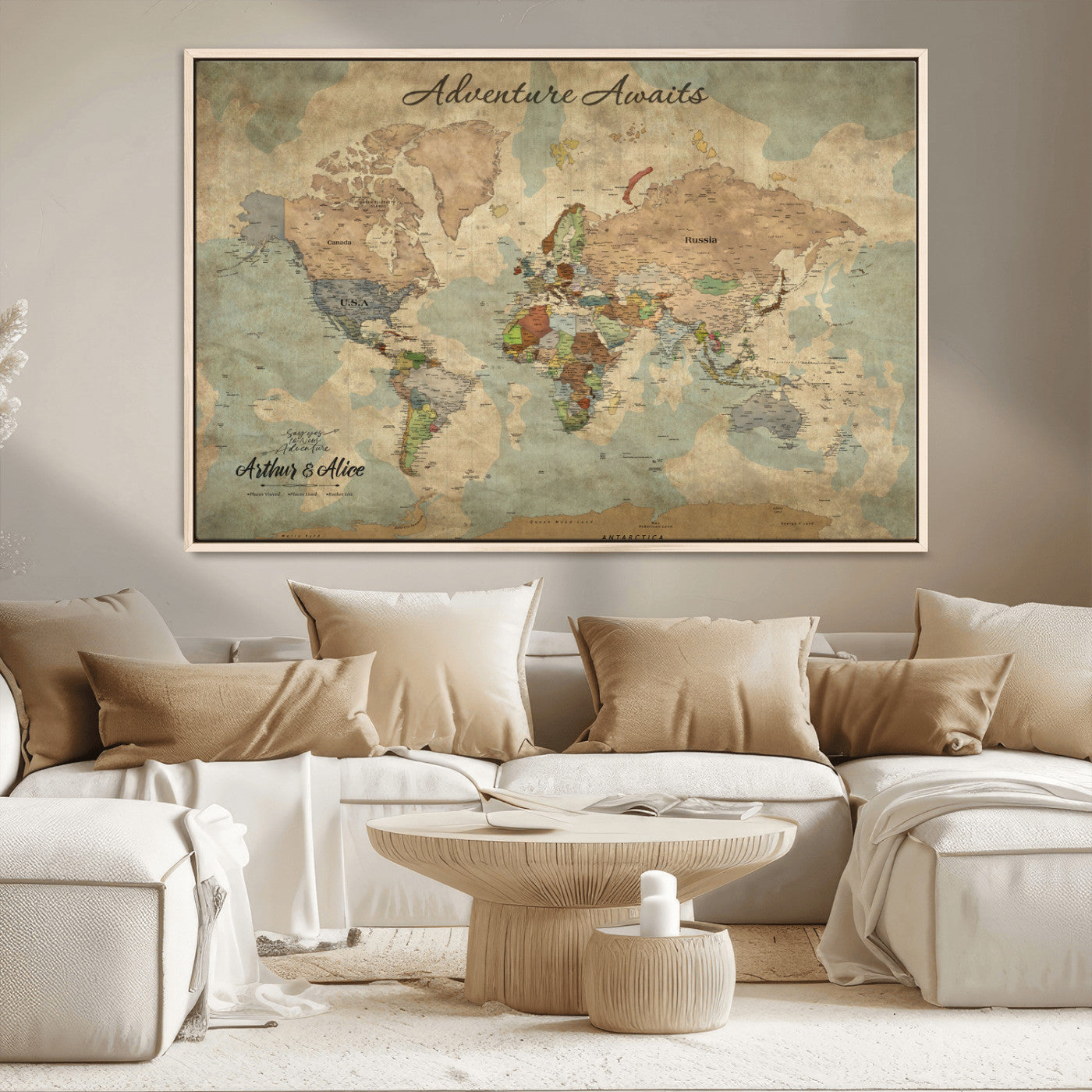 62500285-MGV-CV-36X24-Personalized World Map Wall Art – Rustic Watercolor Adventure Awaits Travel Map with Custom Couple Names, Vintage Wall Decor for