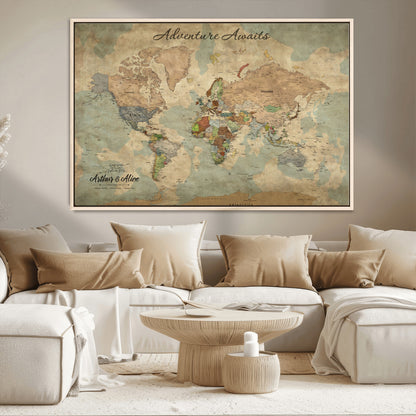 62500285-MGV-CV-36X24-Personalized World Map Wall Art – Rustic Watercolor Adventure Awaits Travel Map with Custom Couple Names, Vintage Wall Decor for