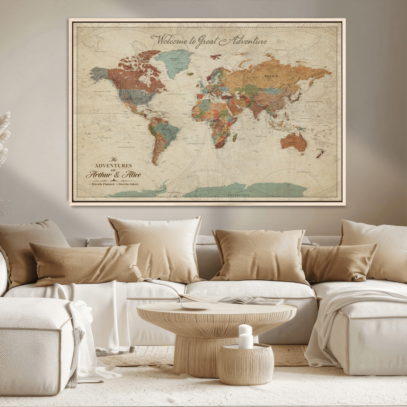 43497401-MGV-CV-36X24-Personalized World Map Wall Art – Vintage Rustic Adventure Travel Map with Custom Couple Names, Welcome to Great Adventure Wall