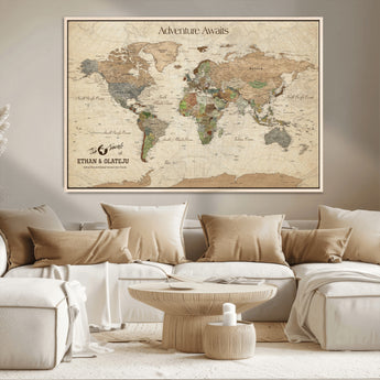 62766900-MGV-CV-36X24-Personalized World Map Wall Art – Antique Parchment Adventure Travel Map with Custom Couple Names, Rustic Wall Decor for Home,