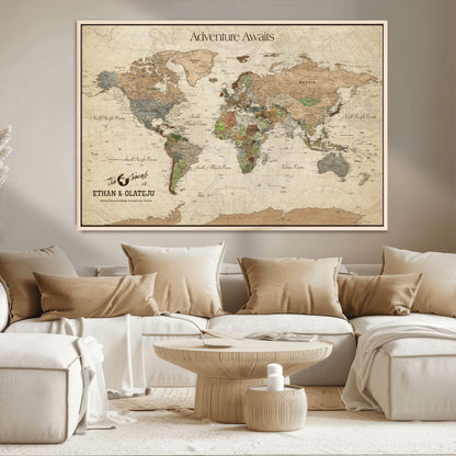62766900-MGV-CV-36X24-Personalized World Map Wall Art – Antique Parchment Adventure Travel Map with Custom Couple Names, Rustic Wall Decor for Home,