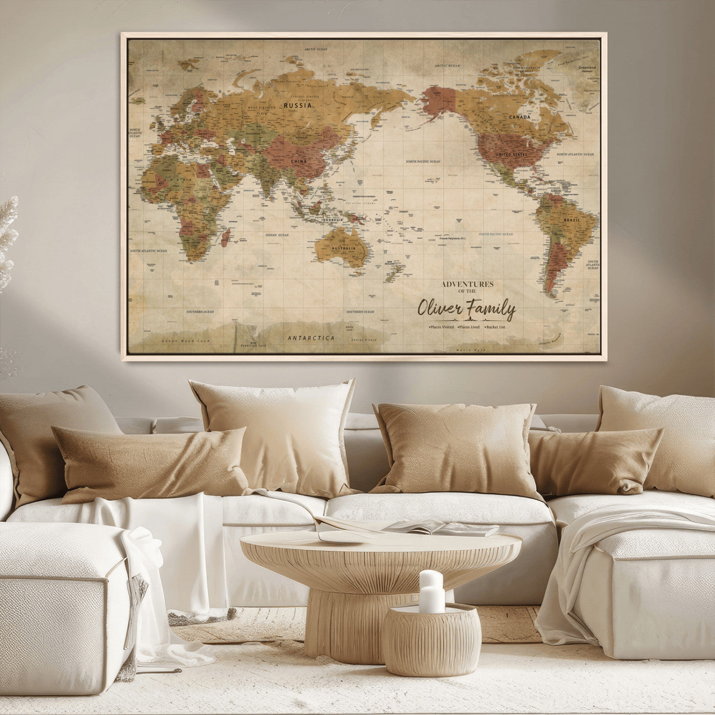 31874045-MGV-CV-36X24-Personalized World Map Wall Art – Vintage Earth Tone Adventure Map with Custom Family Names, Rustic Travel Decor for Home, Couples