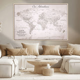11706567-MGV-CV-36X24-Personalized World Map Wall Art – Minimalist Beige Adventure Travel Map with Custom Names, Elegant Push Pin Canvas for Couples,
