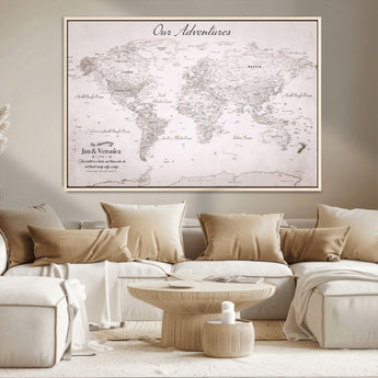 11706567-MGV-CV-36X24-Personalized World Map Wall Art – Minimalist Beige Adventure Travel Map with Custom Names, Elegant Push Pin Canvas for Couples,