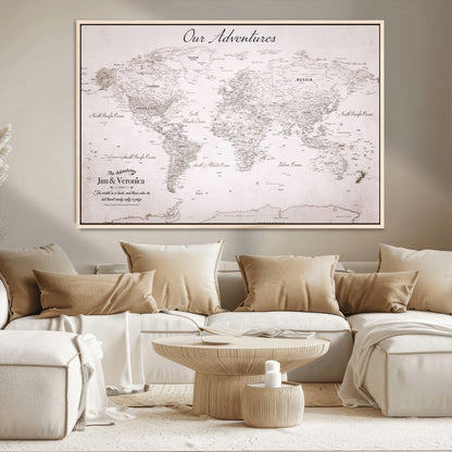 11706567-MGV-CV-36X24-Personalized World Map Wall Art – Minimalist Beige Adventure Travel Map with Custom Names, Elegant Push Pin Canvas for Couples,