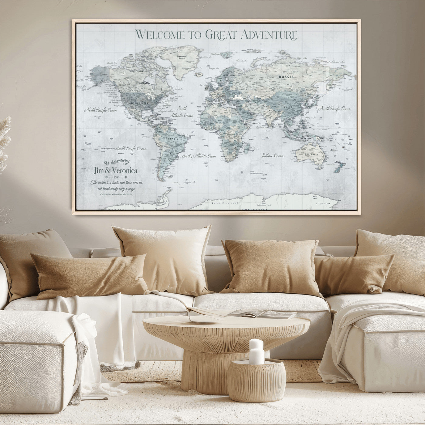 70605050-MGV-CV-36X24-Personalized World Map Wall Art – Cool Gray Adventure Travel Map with Custom Names, Elegant Push Pin Canvas for Couples, Family