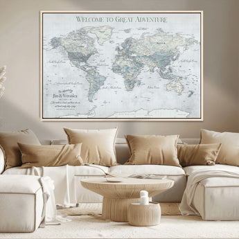 70605050-MGV-CV-36X24-Personalized World Map Wall Art – Cool Gray Adventure Travel Map with Custom Names, Elegant Push Pin Canvas for Couples, Family
