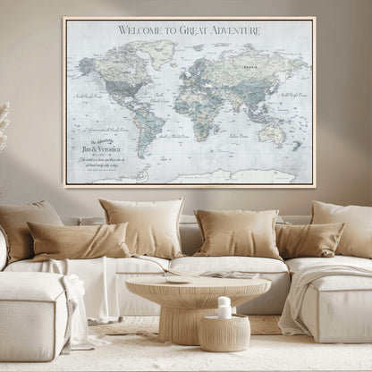 70605050-MGV-CV-36X24-Personalized World Map Wall Art – Cool Gray Adventure Travel Map with Custom Names, Elegant Push Pin Canvas for Couples, Family
