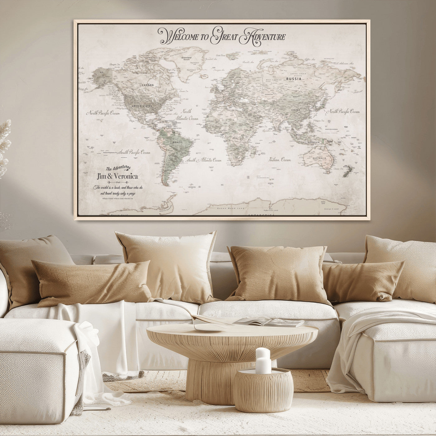 93034948-MGV-CV-36X24-Personalized World Map Wall Art – Vintage Beige Adventure Travel Map with Custom Names, Elegant Push Pin Canvas for Couples,