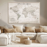 93034948-MGV-CV-36X24-Personalized World Map Wall Art – Vintage Beige Adventure Travel Map with Custom Names, Elegant Push Pin Canvas for Couples,