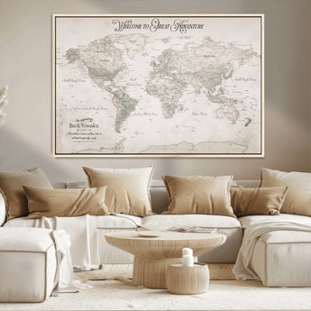 93034948-MGV-CV-36X24-Personalized World Map Wall Art – Vintage Beige Adventure Travel Map with Custom Names, Elegant Push Pin Canvas for Couples,